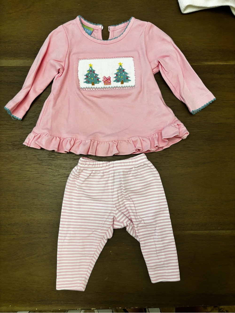 Girls Pink Holiday Set with Tree Smocking